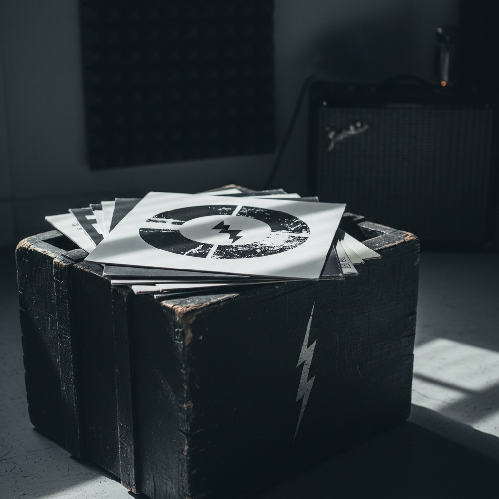 (picture: Stack of vinyl records on an antique wooden record crate, with a black and white status icon on top of the records)